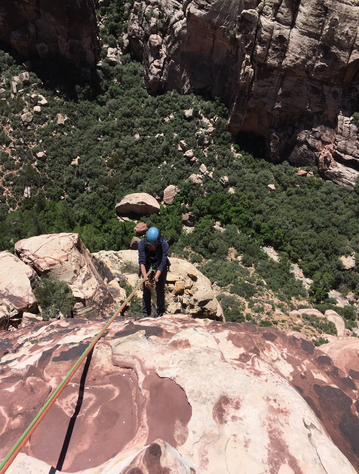 Rapping off a Red Rocks 1,000 foot climb in 2017